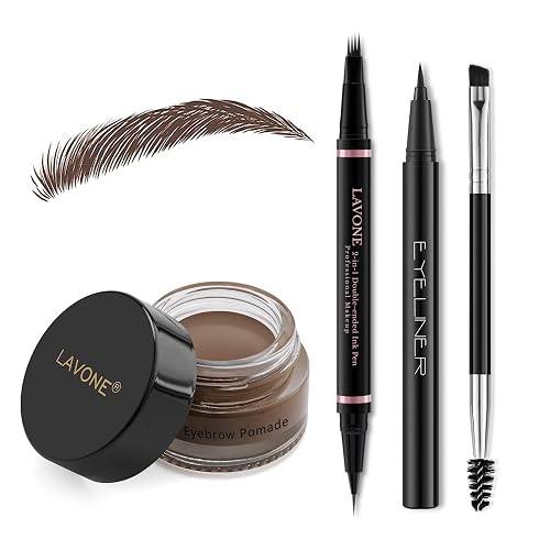 LAVONE Eyebrow Pen Kit, Waterproof Brow Pencil, Pomade, Eyeliner - Dark Brown 4-in-1
