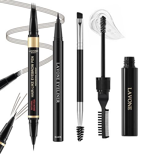 LAVONE Eyebrow Makeup Kit, Waterproof Brow Pen, Brow Gel, Eyeliner - Dark Brown 4-in-1