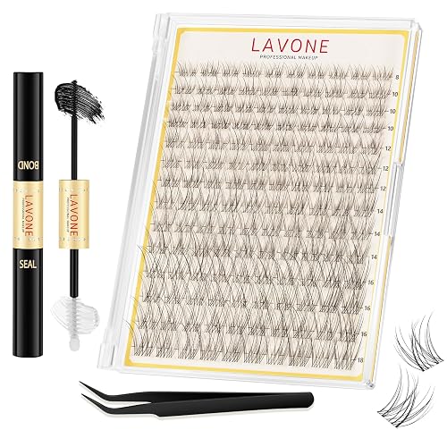 LAVONE Lash Clusters Kit, 140Pcs D Curl 8-18mm - with Bond, Seal & Tweezers