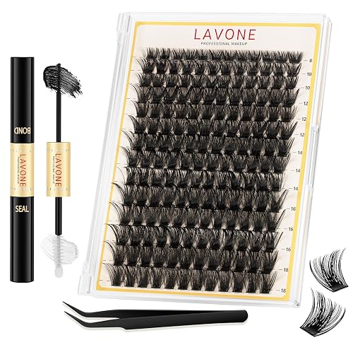 LAVONE Lash Clusters Kit, 168Pcs D Curl 8-18mm - with Bond, Seal & Tweezers